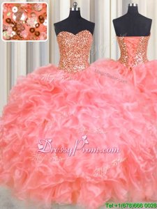 Latest Watermelon Red Quinceanera Gown Military Ball and Sweet 16 and Quinceanera and For withBeading and Ruffles Halter Top Sleeveless Lace Up
