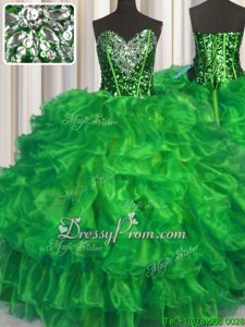 Fashionable Beading and Ruffles 15th Birthday Dress Spring Green Lace Up Sleeveless Floor Length