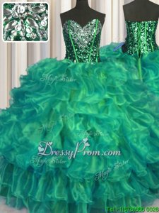 Low Price Beading and Ruffles Quince Ball Gowns Turquoise Lace Up Sleeveless Floor Length
