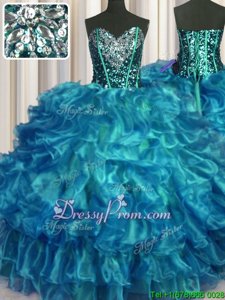 Stylish Teal Sweetheart Lace Up Beading and Ruffles Quinceanera Gowns Sleeveless