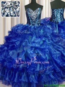 Pretty Royal Blue Ball Gowns Sweetheart Sleeveless Organza Floor Length Lace Up Beading and Ruffles Sweet 16 Dress
