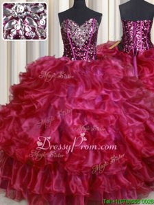 Cute Hot Pink Lace Up Sweetheart Beading and Ruffles Quinceanera Dress Organza Sleeveless