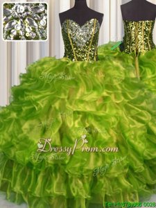 Graceful Sleeveless Floor Length Beading and Ruffles Lace Up Quinceanera Dresses with Olive Green