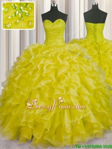 Adorable Sleeveless Beading and Ruffles Lace Up Quince Ball Gowns