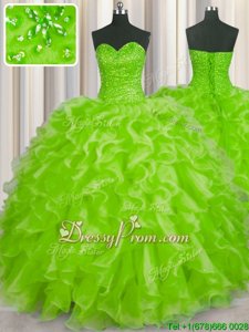 Affordable Sleeveless Organza Floor Length Lace Up Sweet 16 Dresses inYellow Green forSpring and Summer and Fall and Winter withBeading and Ruffles