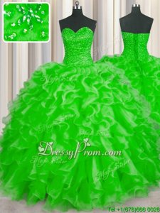 Traditional Spring Green Ball Gowns Sweetheart Sleeveless Organza Floor Length Lace Up Beading and Ruffles Quinceanera Dresses