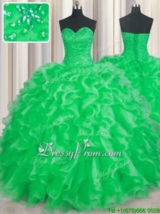 Exquisite Beading and Ruffles Quince Ball Gowns Apple Green Lace Up Sleeveless Floor Length