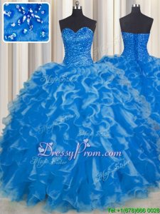 Sophisticated Blue Lace Up Sweetheart Beading and Ruffles Quinceanera Dresses Organza Sleeveless