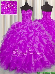 Best Selling Fuchsia Quinceanera Dress Military Ball and Sweet 16 and Quinceanera and For withBeading and Ruffles Sweetheart Sleeveless Lace Up