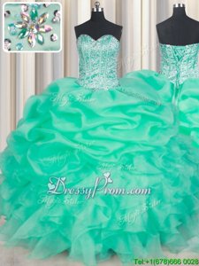 Decent Aqua Blue Ball Gown Prom Dress Military Ball and Sweet 16 and Quinceanera and For withBeading and Ruffles and Pick Ups Sweetheart Sleeveless Lace Up
