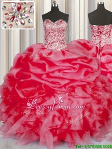Chic Coral Red Organza Lace Up Sweetheart Sleeveless Floor Length Sweet 16 Dress Beading and Ruffles and Pick Ups