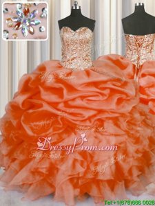 Ideal Orange Lace Up Quinceanera Gowns Beading and Ruffles and Pick Ups Sleeveless Floor Length