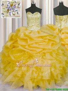 Delicate Floor Length Lace Up Quinceanera Dress Gold and In forMilitary Ball and Sweet 16 and Quinceanera withBeading and Ruffles and Pick Ups