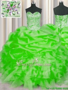 Vintage Sweetheart Sleeveless Ball Gown Prom Dress Floor Length Beading and Ruffles and Pick Ups Spring Green Organza