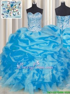 Sophisticated Blue Ball Gowns Beading and Ruffles and Pick Ups 15 Quinceanera Dress Lace Up Organza Sleeveless Floor Length