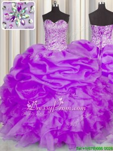 Stunning Purple Ball Gowns Beading and Ruffles and Pick Ups Vestidos de Quinceanera Lace Up Organza Sleeveless Floor Length