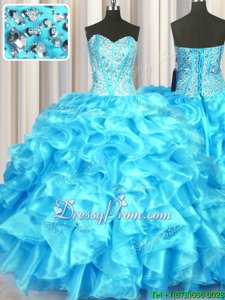 Nice Aqua Blue 15th Birthday Dress Military Ball and Sweet 16 and Quinceanera and For withBeading and Ruffles Sweetheart Sleeveless Lace Up