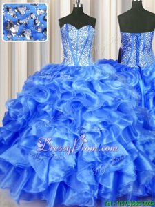 Hot Selling Floor Length Lace Up 15th Birthday Dress Blue and In forMilitary Ball and Sweet 16 and Quinceanera withBeading and Ruffles