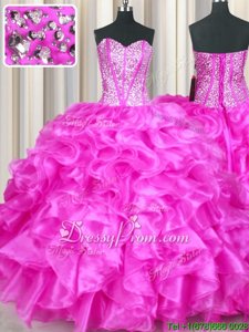 Fancy Floor Length Lace Up Quinceanera Dress Fuchsia and In forMilitary Ball and Sweet 16 and Quinceanera withBeading and Ruffles