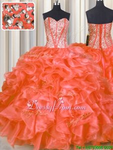 New Arrival Orange Red Sleeveless Beading and Ruffles Floor Length Sweet 16 Quinceanera Dress