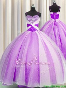 Hot Selling Floor Length Lilac Quinceanera Dress Organza Sleeveless Spring and Summer and Fall and Winter Beading and Sequins and Ruching