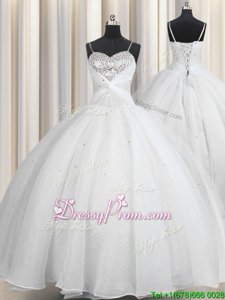 Sleeveless Organza Floor Length Lace Up Quinceanera Gowns inWhite forSpring and Summer and Fall and Winter withBeading and Ruching