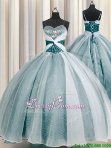 Shining Floor Length Ball Gowns Half Sleeves Teal 15 Quinceanera Dress Lace Up