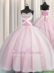 Custom Fit Sleeveless Floor Length Beading and Ruching Lace Up Quinceanera Dresses with Rose Pink