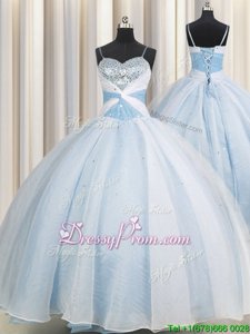 Attractive Spaghetti Straps Sleeveless Lace Up Quinceanera Dresses Light Blue Organza