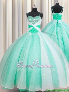 Customized Apple Green Organza Lace Up Spaghetti Straps Sleeveless Floor Length Sweet 16 Quinceanera Dress Beading and Ruching