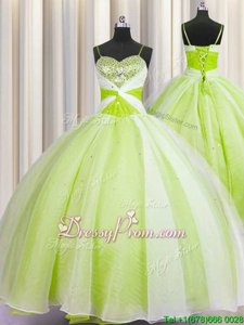 Enchanting Floor Length Yellow Green Quinceanera Dresses Organza Sleeveless Spring and Summer and Fall and Winter Beading and Ruching