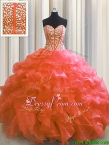 Super Organza Sweetheart Sleeveless Lace Up Beading and Ruffles Quince Ball Gowns inRed