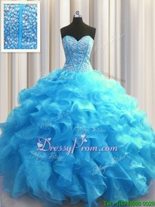 Glamorous Baby Blue Ball Gowns Sweetheart Sleeveless Organza Floor Length Lace Up Beading and Ruffles Vestidos de Quinceanera
