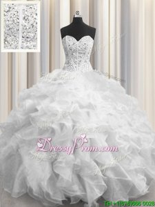 Trendy White Sleeveless Organza Lace Up Quinceanera Dresses forMilitary Ball and Sweet 16 and Quinceanera