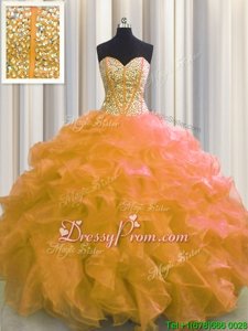 Flare Orange Organza Lace Up Sweet 16 Quinceanera Dress Sleeveless Floor Length Beading and Ruffles
