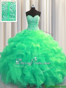 Captivating Turquoise Sleeveless Floor Length Beading and Ruffles Lace Up Quinceanera Dress