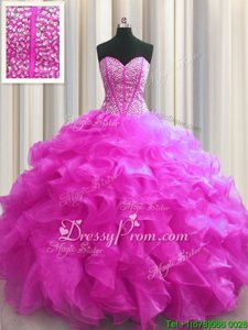 Sweet Floor Length Lace Up Ball Gown Prom Dress Fuchsia and In forMilitary Ball and Sweet 16 and Quinceanera withBeading and Ruffles