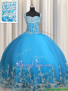 Baby Blue Ball Gowns Sweetheart Sleeveless Organza Floor Length Lace Up Beading and Appliques Quinceanera Gowns