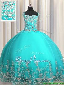 Aqua Blue Sleeveless Beading and Appliques Floor Length Quinceanera Gown