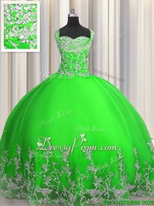 Inexpensive Green Quinceanera Dress Military Ball and Sweet 16 and Quinceanera and For withBeading and Appliques Straps Sleeveless Lace Up