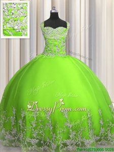 Spring Green Lace Up Quinceanera Gowns Beading and Appliques Sleeveless Floor Length