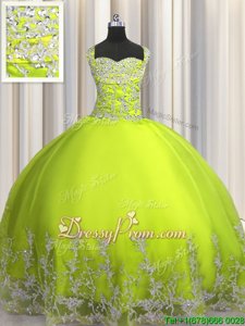 Affordable Floor Length Yellow Green Sweet 16 Dresses Straps Sleeveless Lace Up