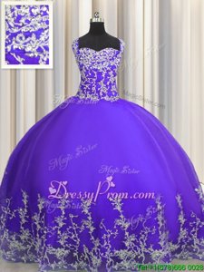 Unique Tulle Straps Sleeveless Lace Up Beading and Appliques Quinceanera Gowns inPurple