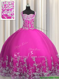 Enchanting Fuchsia Ball Gowns Tulle Straps Sleeveless Beading and Appliques Floor Length Lace Up Quince Ball Gowns