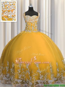 Free and Easy Gold Straps Neckline Beading and Appliques Quinceanera Gown Sleeveless Lace Up