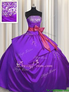 Traditional Ball Gowns Quinceanera Gowns Purple Strapless Taffeta Sleeveless Floor Length Lace Up