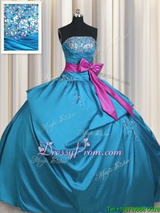 Artistic Teal Ball Gowns Beading and Ruching and Bowknot Quince Ball Gowns Lace Up Taffeta Sleeveless Floor Length
