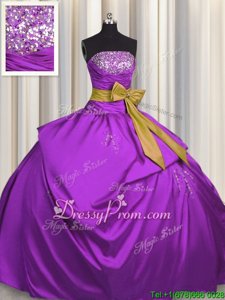 Gorgeous Fuchsia Ball Gowns Satin Strapless Sleeveless Beading and Bowknot Floor Length Lace Up 15th Birthday Dress