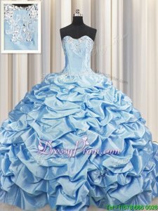 Sumptuous Baby Blue Taffeta Lace Up Sweetheart Sleeveless Quinceanera Gown Sweep Train Beading and Pick Ups