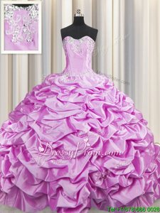 Fabulous Sweetheart Sleeveless Quinceanera Gown Brush Train Beading and Pick Ups Lilac Taffeta